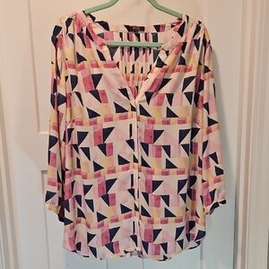 NYDJ Pintuck Blouse Pink/Blue Geometric Print 1X